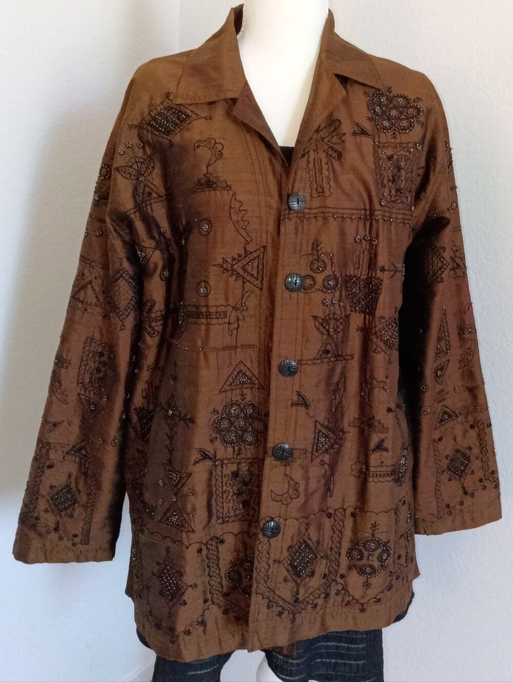 VTG Chico's Silk Embroidered Eclectic Jacket Boho Indie Whimsigoth Artsy Chic